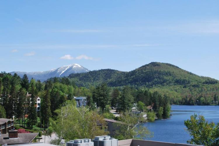 View of Mirror Lake and the High Peaks from our hotel room balcony.